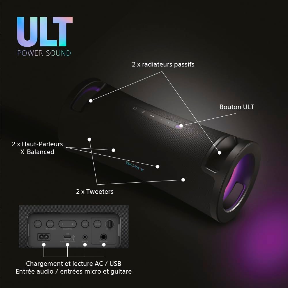 Sony ULT Field 7 - Enceinte Portable sans Fil Bluetooth ULT Power Sound, Modes Son Deep Bass & Attack Bass, HP X Balanced, 30h d'autonomie, IP67, Waterproof, Eclairage LED, entrée Mic, Guitare - Noir – Image 3