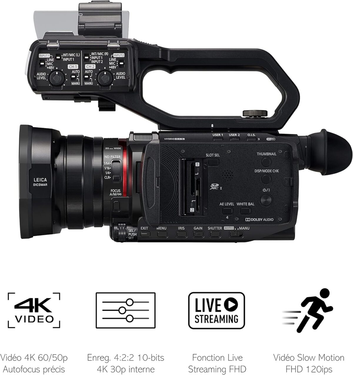 Panasonic X2000 | Caméscope Semi-Pro 4K (4K 60p, Zoom Optique Leica 24x, 25mm, Stabilisé, Viseur, Enreg. interne 4:2:2 10bit 4Kj, Live Streaming FHD, Torche LED,2 Prises XLR) Noir – Image 4