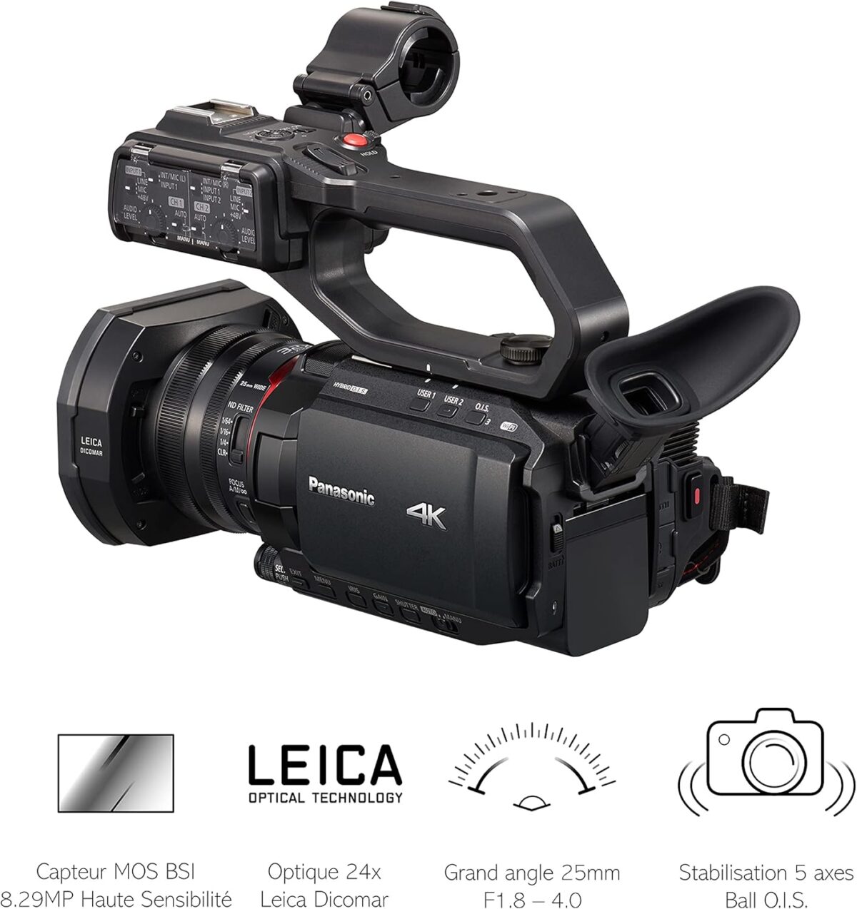 Panasonic X2000 | Caméscope Semi-Pro 4K (4K 60p, Zoom Optique Leica 24x, 25mm, Stabilisé, Viseur, Enreg. interne 4:2:2 10bit 4Kj, Live Streaming FHD, Torche LED,2 Prises XLR) Noir – Image 3