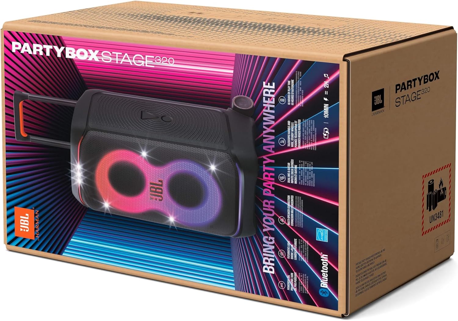 JBL Partybox Stage 320, Enceinte portable de soirée, roulettes et poignée télescopique intégrés, son JBL Pro, jeu de lumières, 18 heures d'autonomie, résistante aux éclaboussures IPX4, en noir – Image 8