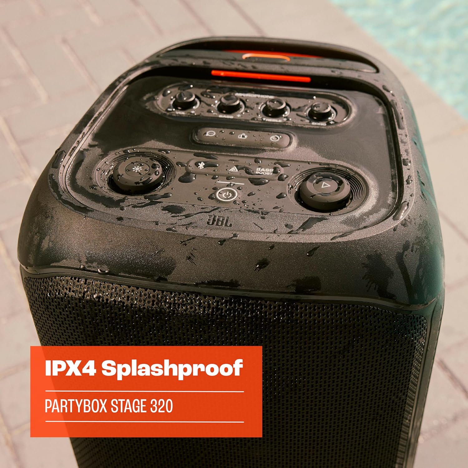JBL Partybox Stage 320, Enceinte portable de soirée, roulettes et poignée télescopique intégrés, son JBL Pro, jeu de lumières, 18 heures d'autonomie, résistante aux éclaboussures IPX4, en noir – Image 2